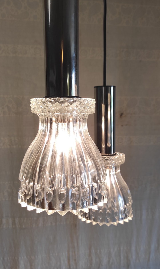 Image 1 of Three-light cascading pendant light in chromed metal and crystal - mid-20th century