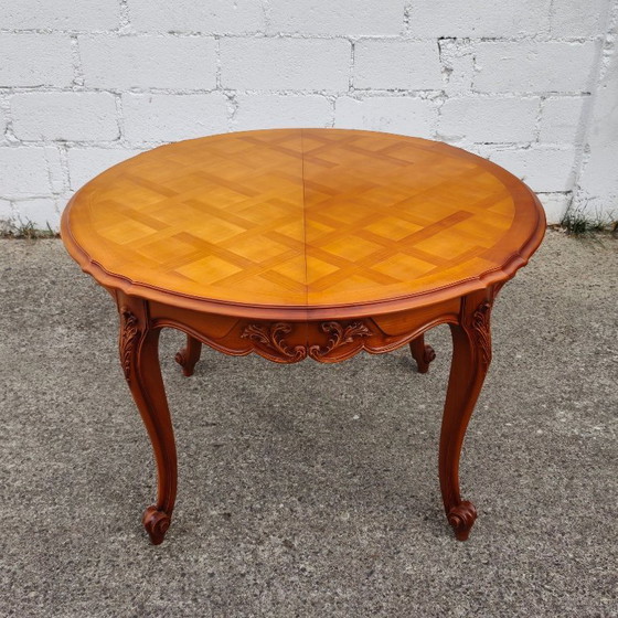 French Vintage Marqueterie Dining Table-Extendable Cherrywood Table-Style Louis XV-80s (photo 4 of 18)