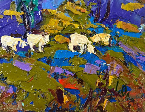 Image 1 of Original Oil Painting Summer Field Landscape Evening light behind the village