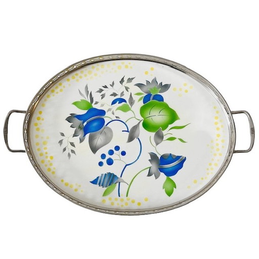 Artdeco tray porcelain and metal graphic flowers