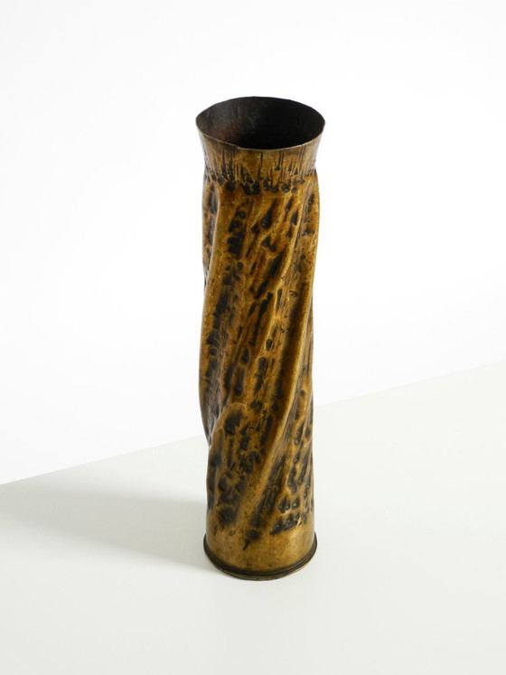 Image 1 of Unique large brass vase in a Brutalist design, handcrafted in December 1975