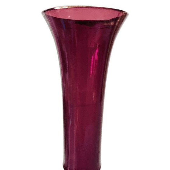 Image 1 of Vase vintage tchèque de Bohême en verre doré peint à la main, violet améthyste, années 1950