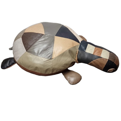 Grote vintage lederen patchwork schildpad poef, jaren 70