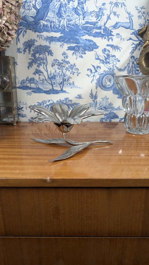 Cendrier fleur en métal argenté style Hollywood Regency vintage des années 1970