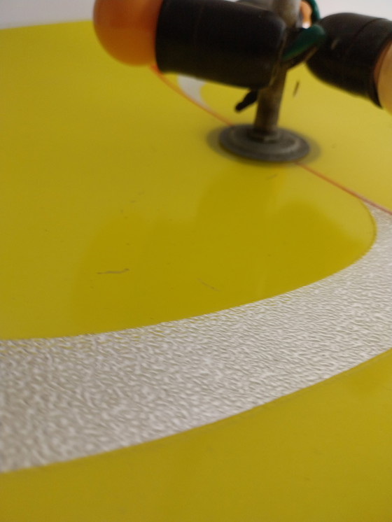 Image 1 of 1 x ceiling light 1960s PL09 in yellow and red with textured glass strip. From former Czechoslovakia