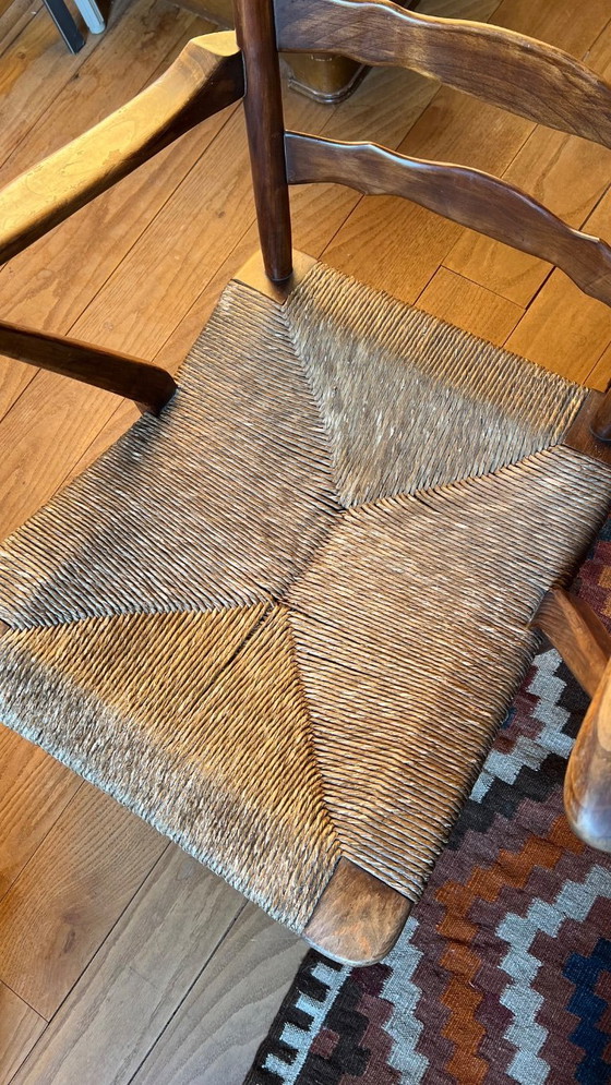 Image 1 of De Ster Gelderland landelijke brutalist midcentury kersenhouten stoel met rieten zitting