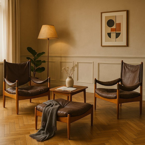 Image 1 of  Mid-Century Modern Danish Oak and Leather Lounge Chairs with Ottoman by Kristian Vedel for Søren Wiladsen, 1960s, Set of 3