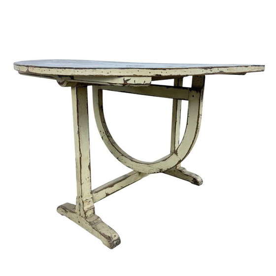 Image 1 of Antieke Franse inklapbare wijntafel met metalen blad – rustieke bistrot bijzettafel
