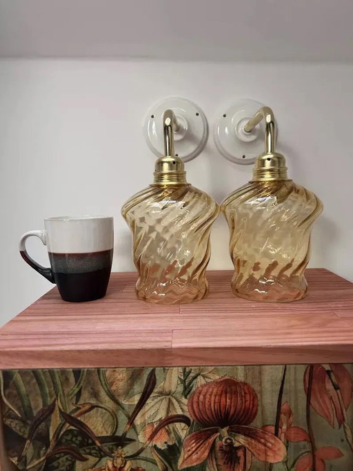 Set Of 2 Vintage Gold Glass Wall Sconces