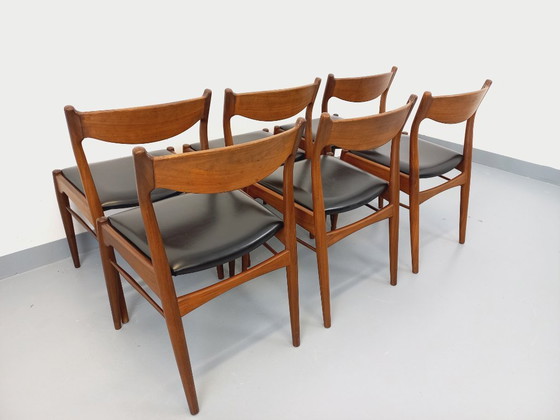 Image 1 of Set of 6 vintage Danish Scandinavian chairs by Aerthoj Jensen & Molholm in teak and skai from the 1960s
