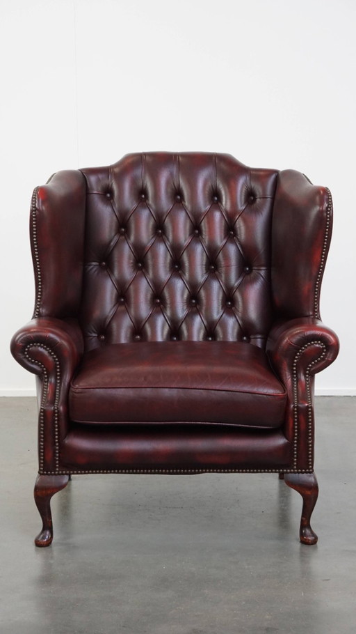 Fauteuil d'oreille chesterfield anglais en cuir de boeuf avec assise large