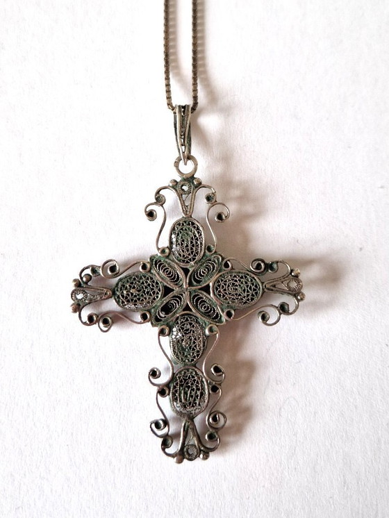 Image 1 of Large antique silver filigree cross with necklace - 20s