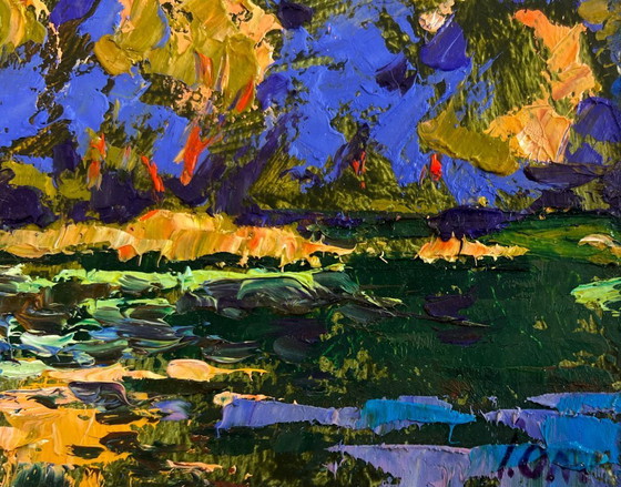 Image 1 of Original Oil Painting Autumn River Landscape Evening boat ride