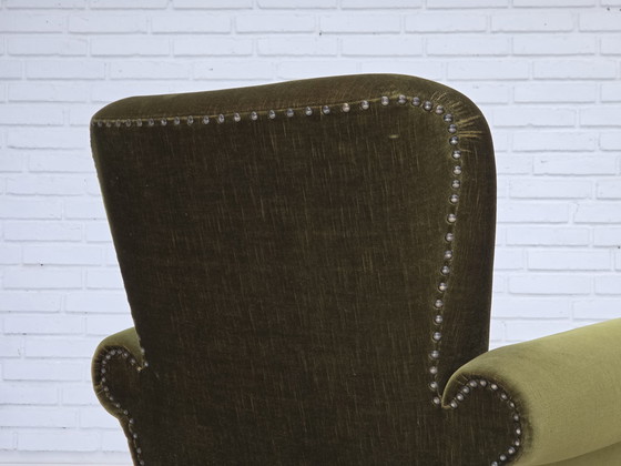 Image 1 of 1970s Danish Lounge Chair, High, Furniture Velour, Ash Wood Legs