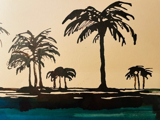 Image 1 of Acuarela bicolor firmada "Crepúsculo en el Nilo"