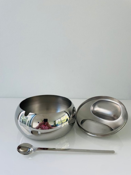 Image 1 of Vintage space age stainless steel sugar bowl with spoon – Tramontina design