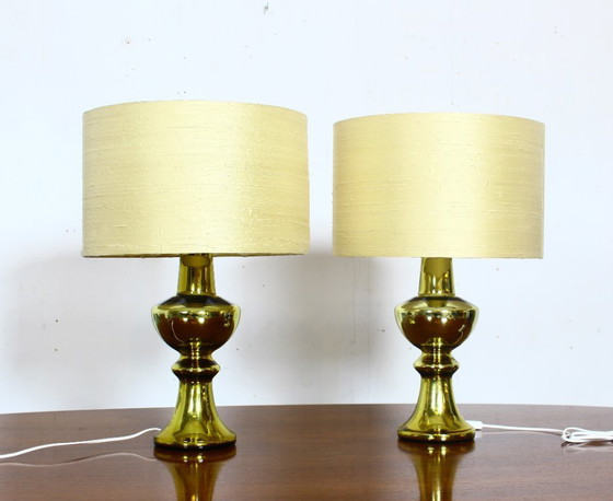 Image 1 of Set of two luxury Uno & Osten gold table lamps with silk shades, Sweden 1970