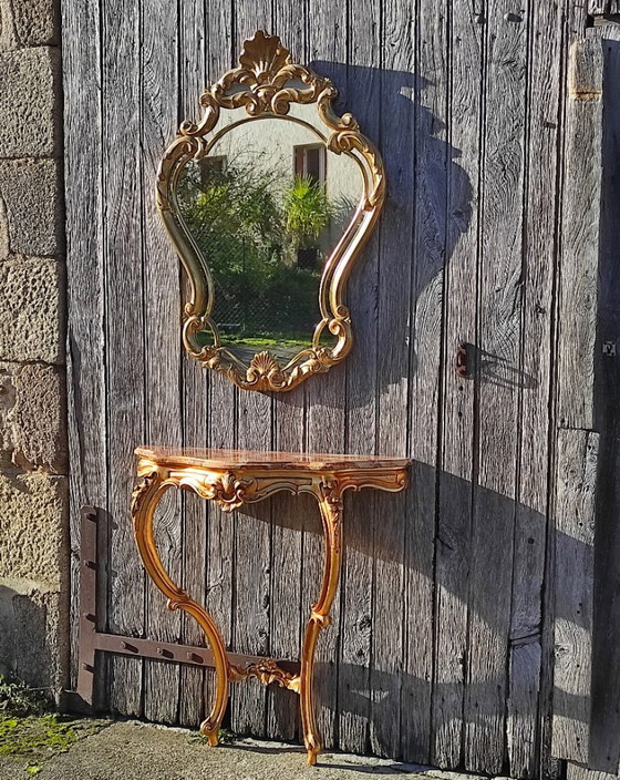Image 1 of Set di consolle vintage in marmo dorato francese e specchio barocco - stile Luigi XV