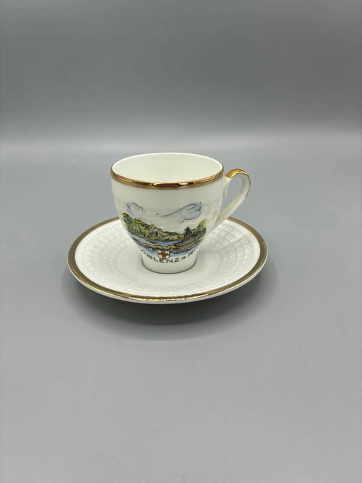 Coffee cup and saucer – Edelstein Bavaria – Koblenz pattern – gilded relief porcelain – decoratieve objecten