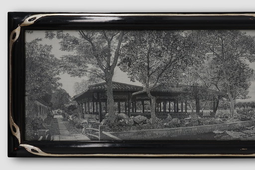 Œuvre d'art encadrée sur soie représentant un salon de thé chinois au bord de l'eau, France vers 1910 1910
