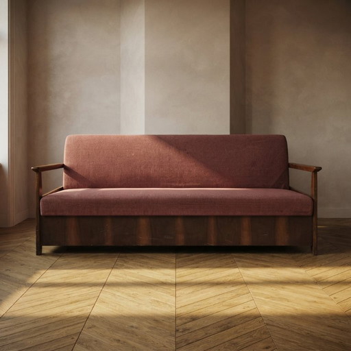 Bordeauxrode opklapbare slaapbank van Edmund Homa, mid-century modern, jaren 60, Tsjechoslowakije, 200 × 88 × 80 cm