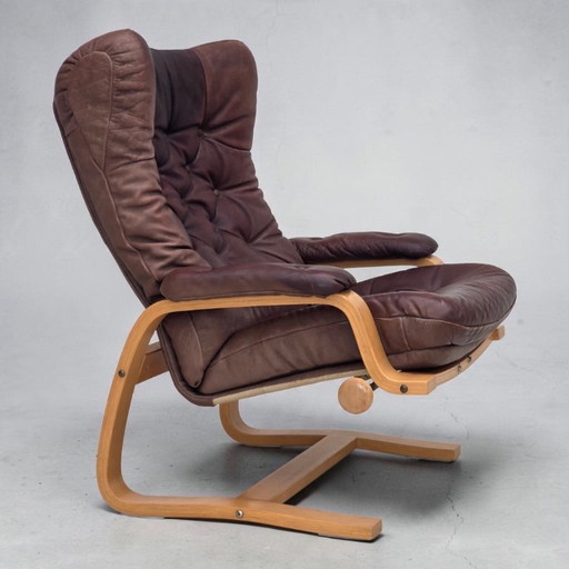 1970er, skandinavischer verstellbarer Sessel, Möbelleder, Bugholz.
