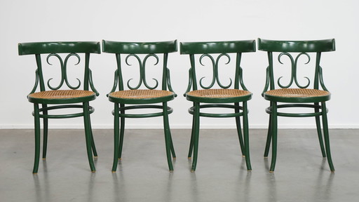 4 x Groene Vintage Bistro Stoel met een Gematte Rieten Zitting