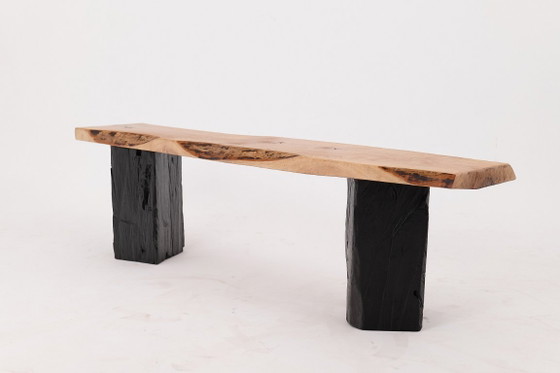 Image 1 of Live Edge Solid Wood Bench with Charred Legs, Organic Modern by Logniture