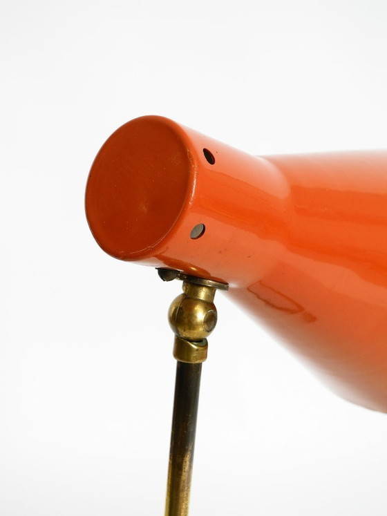 Image 1 of Beautiful, Large Mid-Century Modern Brass Table Lamp with a Brick-Red Shade