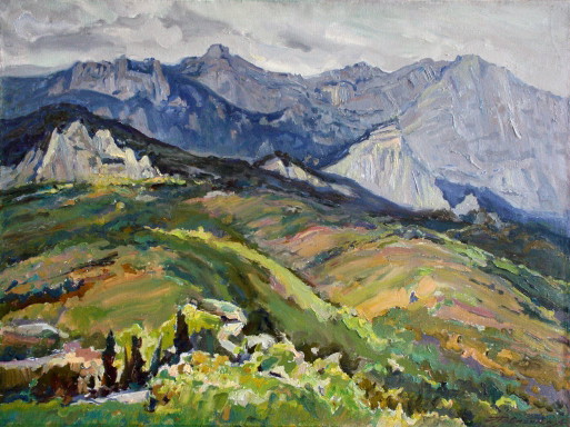 Original Ölgemälde Landschaft Natur Wiesen Felsen mit Bergblick – schilderijen tekeningen, Canvas