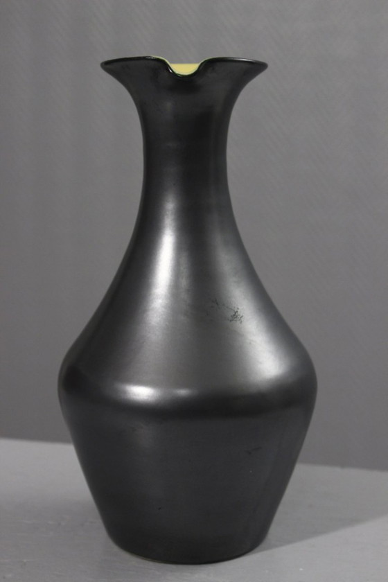 Image 1 of Vintage 1950s black satin & yellow ceramic pitcher by Louviers Poteries Normandes