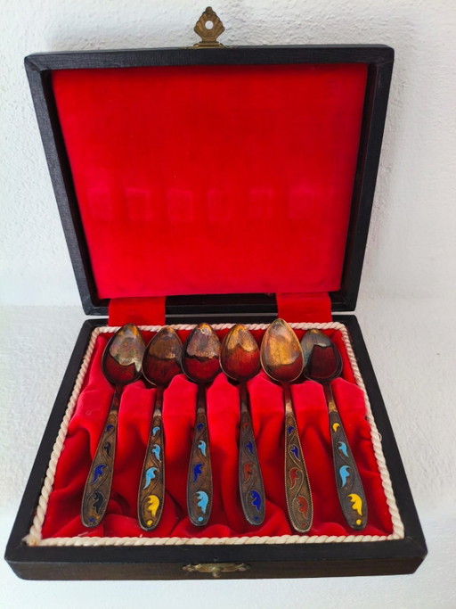 Set of 6 Soviet Silver Cloisonné Enamel Spoons – Tallinn 1968