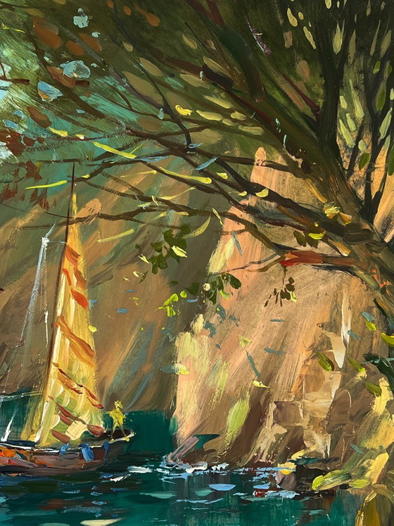 Image 1 of Dipinto ad olio originale: Paesaggio marino con barca a vela, scogli e barche sulla riva.