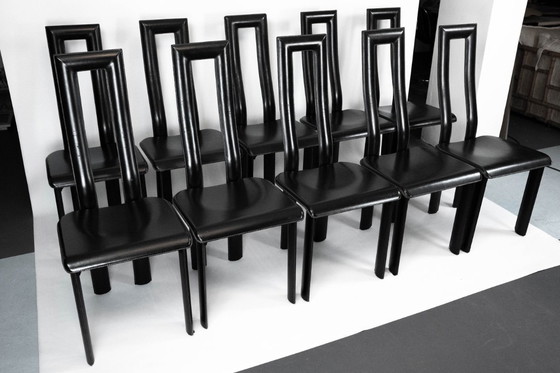 Image 1 of Postmodern Set of ten leather dining chairs by Antonello Mosca for Ycami. Italy 1980s