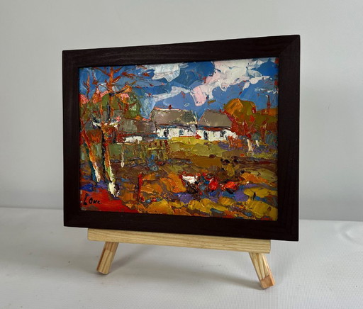 Original Oil Painting Autumn Village Landscape Autumn golden time