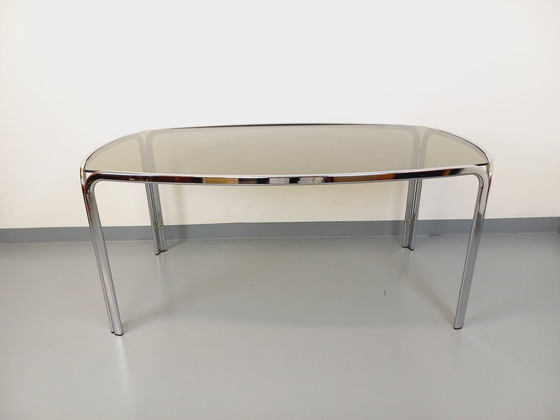 Image 1 of Incurved Rectangular Dining Table in Smoked Glass and Chrome Metal 70's Space Age Style