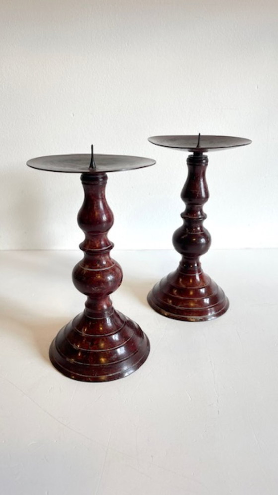 Image 1 of Vintage Patinated Metal Candlesticks