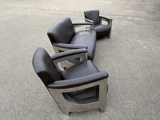 Image 1 of Art Deco 2-zits clubzetel 2x fauteuil Inox bruin