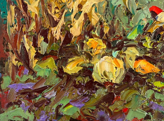 Image 1 of Original Oil Painting Evening Village Landscape The land that gives generosity