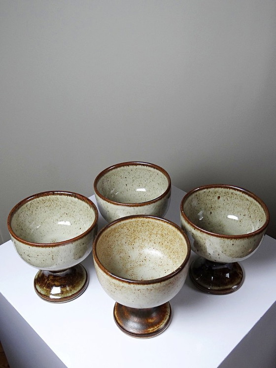Image 1 of Set of 4 vintage glazed stoneware cider bowls/ice cream cups with stems