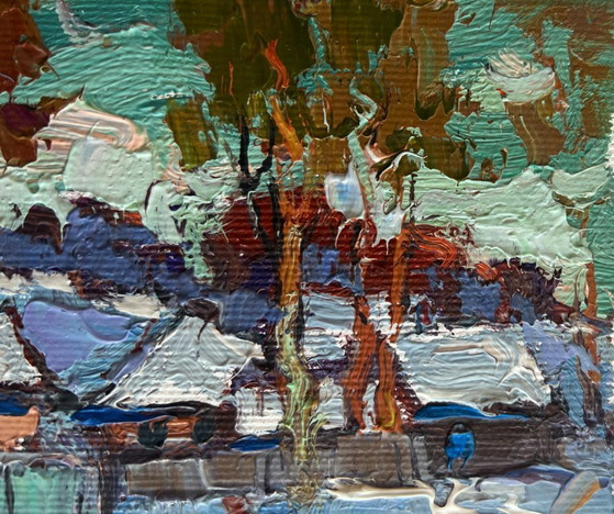 Image 1 of Original Oil Painting Winter Village Landscape The village was covered in snow