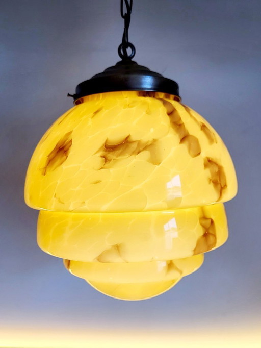 Art Deco opaline glass pendant lamp, marbled, brass, 1930s