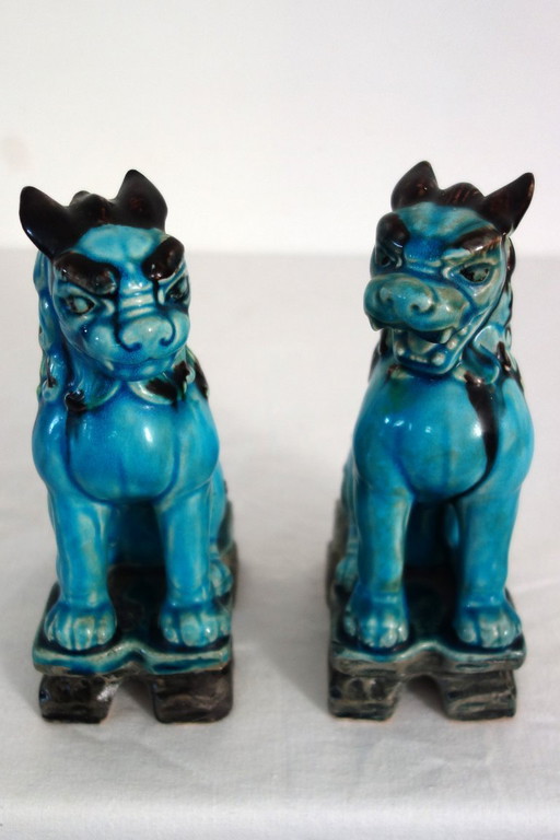 Pair of Japanese Komainu dogs in green and turquoise glaze ceramic, vintage