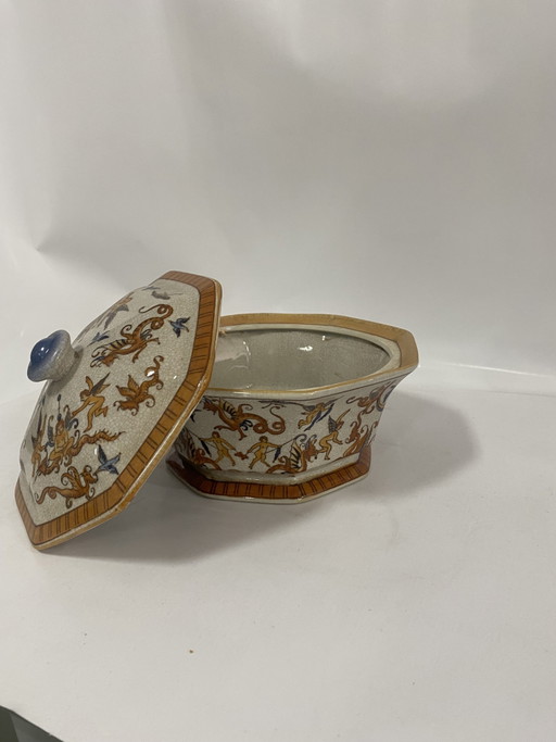 Boîte/soupe vintage en céramique de style chinoiserie avec couvercle