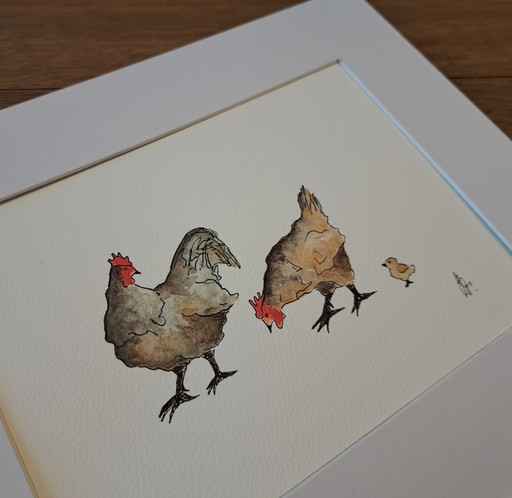 Aquarel schilderij kippengezin | In lijst