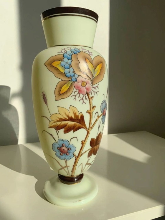 Image 1 of Antique Bohemian Art Nouveau Uranium Satin Glass Vase - Harrach - c. 1900