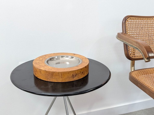 Italiaanse asbak van wortelhout en staal in de stijl van Tomasso Barbi, jaren 70