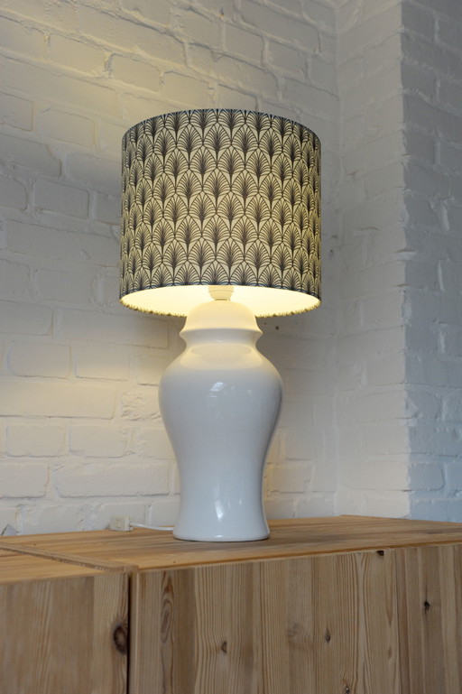 Vintage white porcelain table lamp with new handmade lampshade with botanical print