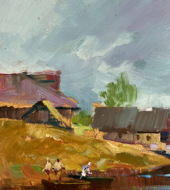 Image 1 of Original Oil Painting Coastal Village Landscape Quiet village harbour