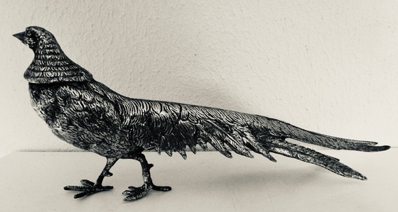 Image 1 of Magnifique paire de faisans en bronze argenté. Vintage - années 1950.